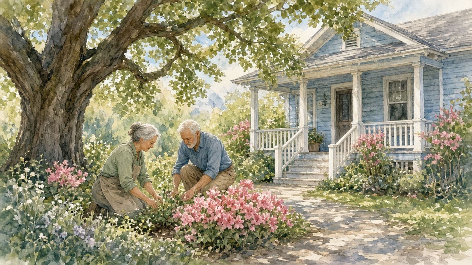 Watercolor illustration of an older couple tending flower beds outside their blue Houston bungalow under a live oak