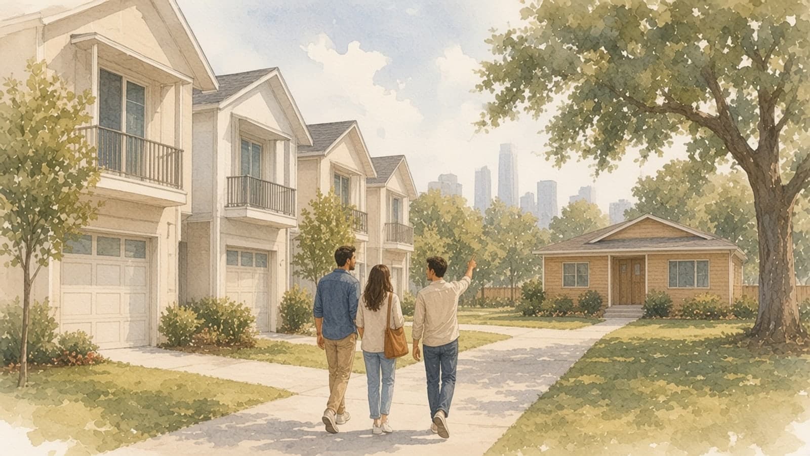 Watercolor illustration of a couple and an agent walking a shared driveway past a row of three-story Houston townhomes under a live oak