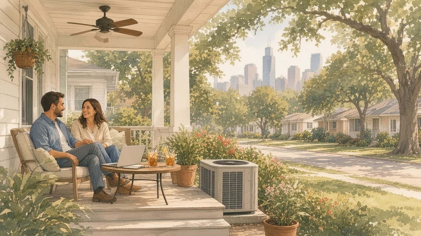 Watercolor illustration of a couple going over their household budget on the front porch of a Houston bungalow under live oaks