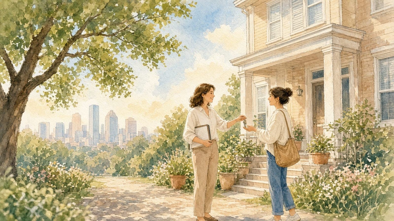 Watercolor illustration of a leasing agent handing house keys to a renter on the front walk of a Houston home, with live oaks and the downtown skyline in the distance