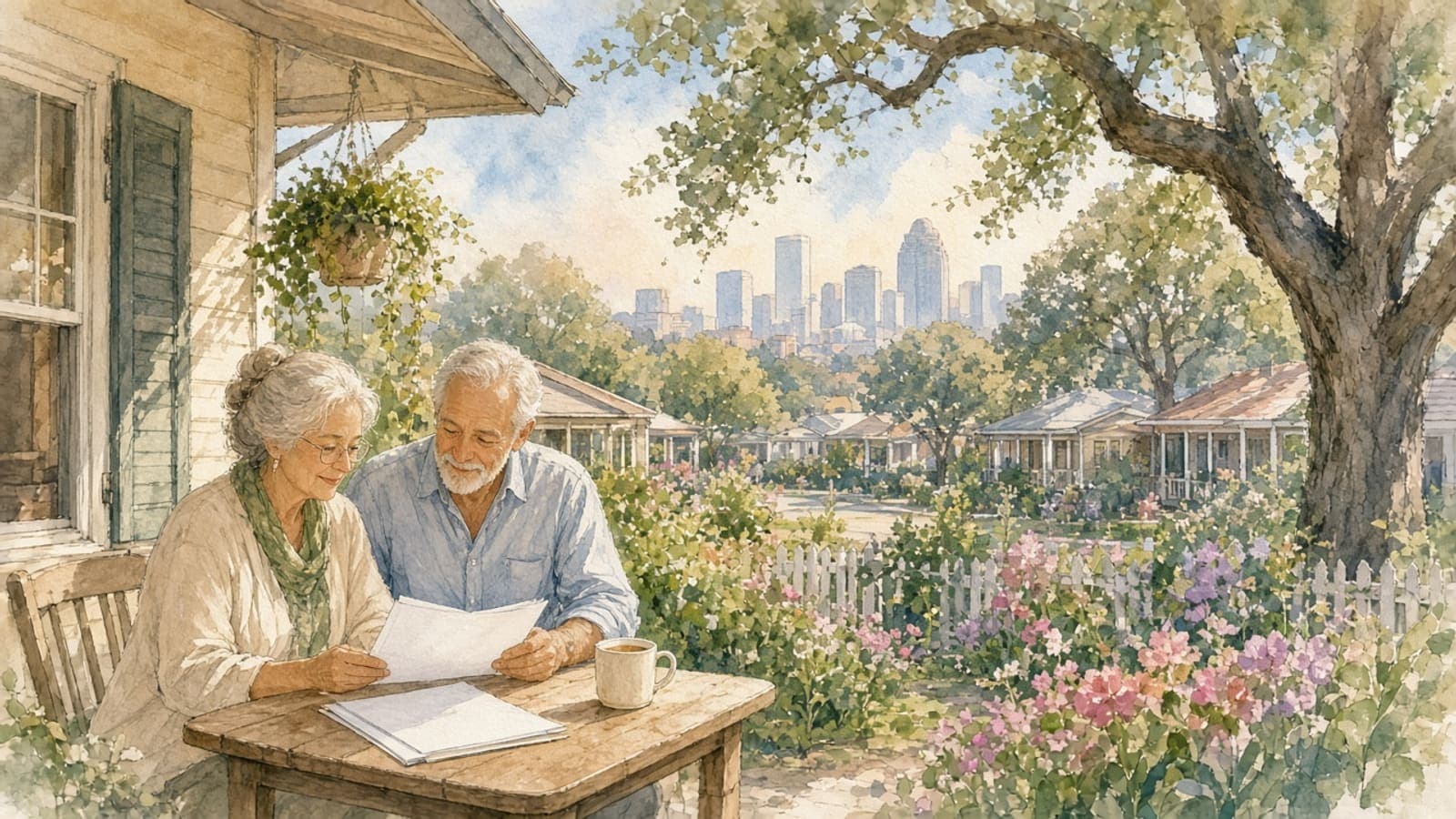 Watercolor illustration of a retired couple reviewing home paperwork on the porch of a Houston bungalow