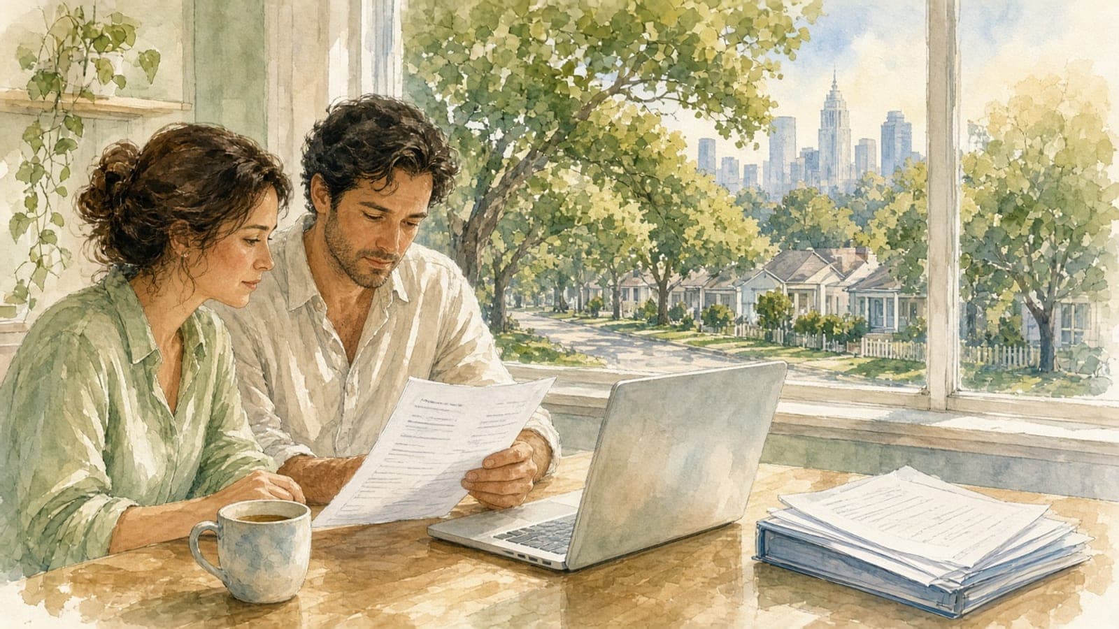 Watercolor illustration of a couple at a kitchen table reviewing a property tax notice, with a tree-lined Houston street outside the window