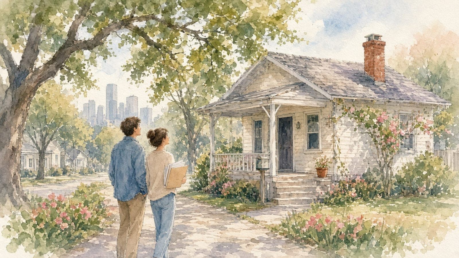 Watercolor illustration of a young couple outside a one-story Houston bungalow under live oaks