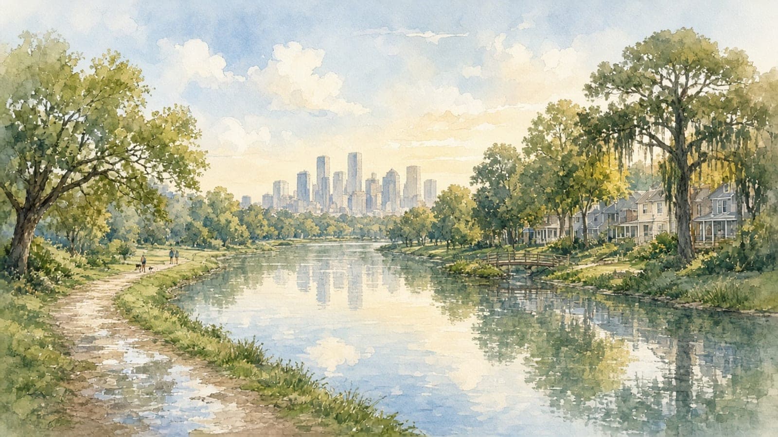 Watercolor illustration of a calm Houston bayou lined with live oaks and porch-front homes, a walking trail along the bank and the downtown skyline reflected in the water