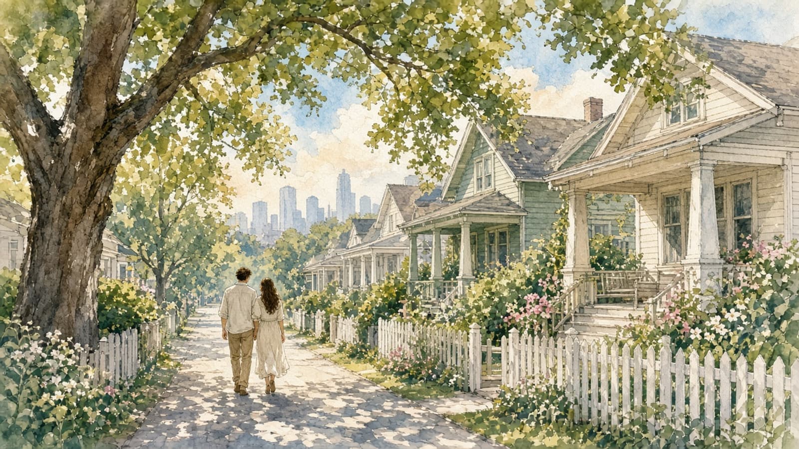 Watercolor illustration of a couple strolling a shaded Houston Heights street lined with restored bungalows, porches, and picket fences under live oaks
