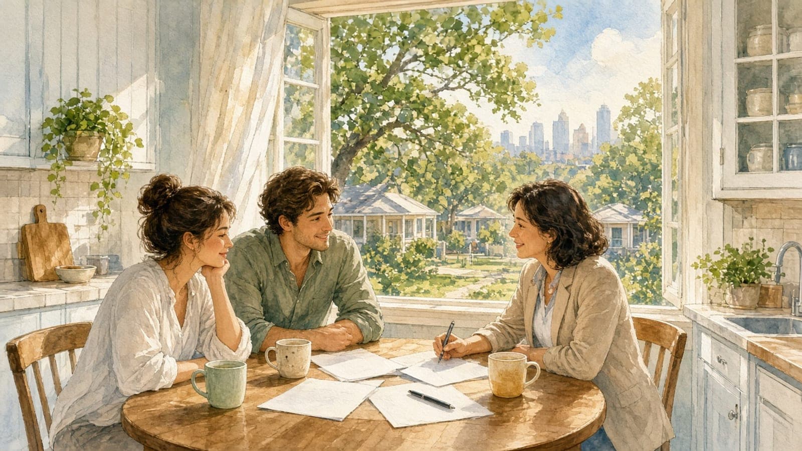 Watercolor illustration of a couple and a real estate agent talking over paperwork at a sunny Houston kitchen table
