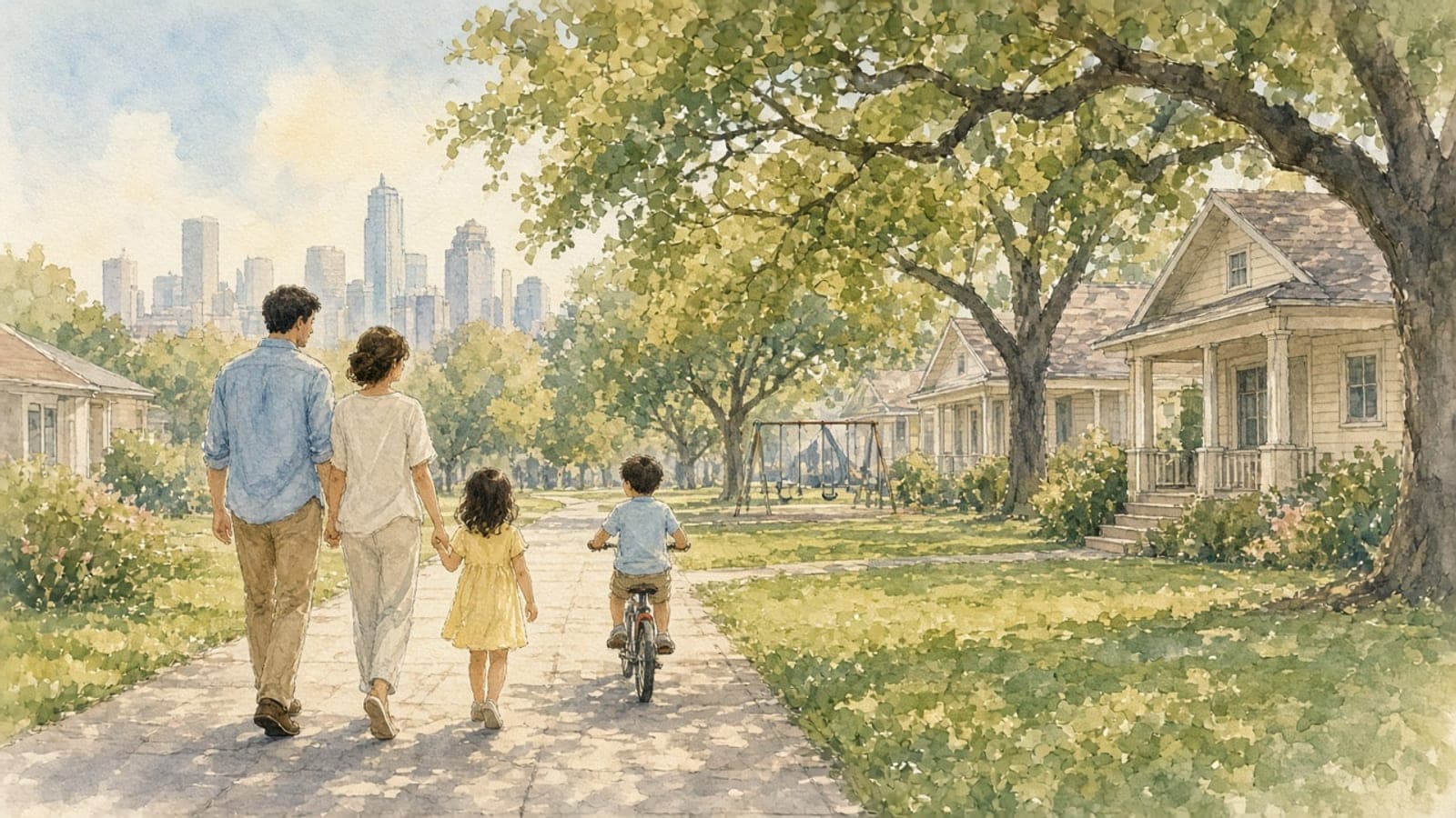 Watercolor illustration of a family walking a sunny Houston neighborhood sidewalk toward bungalows, a park playground, and a faint downtown skyline