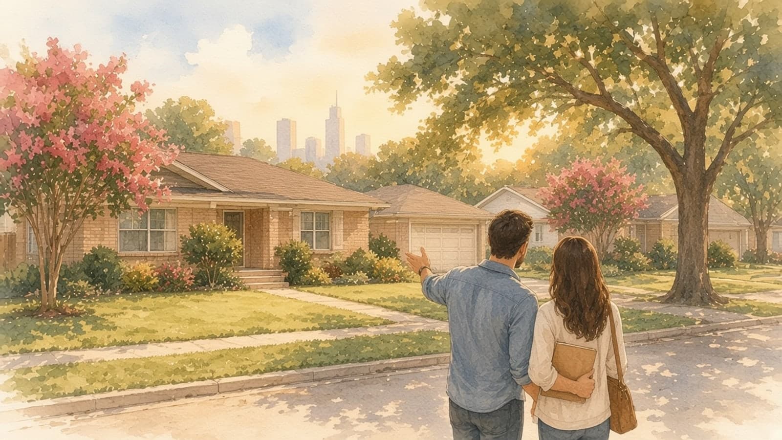 Watercolor illustration of a couple on the sidewalk looking over a one-story brick ranch house with a detached garage and a live oak in a Houston neighborhood