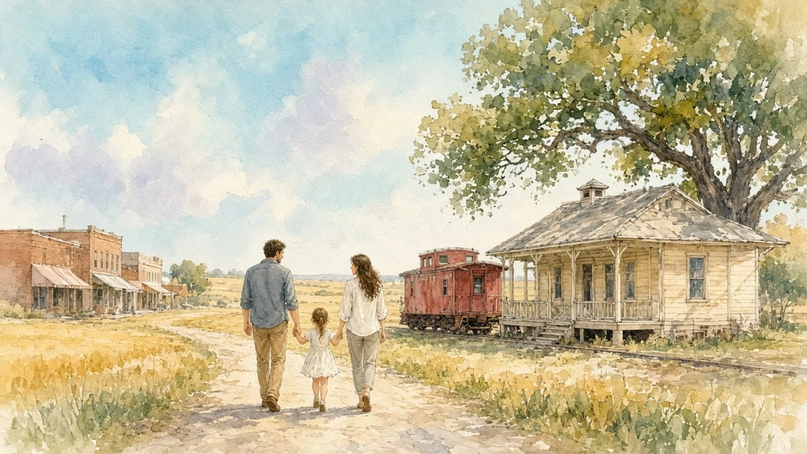 Watercolor illustration of a family walking past a small-town railroad depot and red caboose at the edge of open prairie