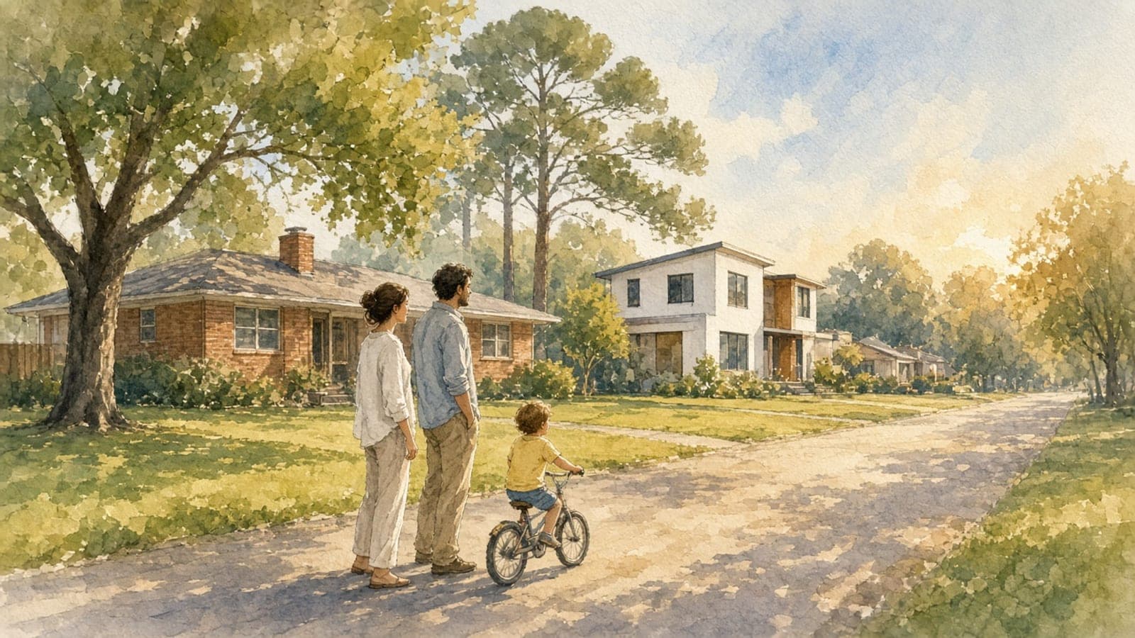 Watercolor illustration of a young family with a child on a bicycle walking a tree-lined Spring Branch street past a brick ranch house and a new two-story home