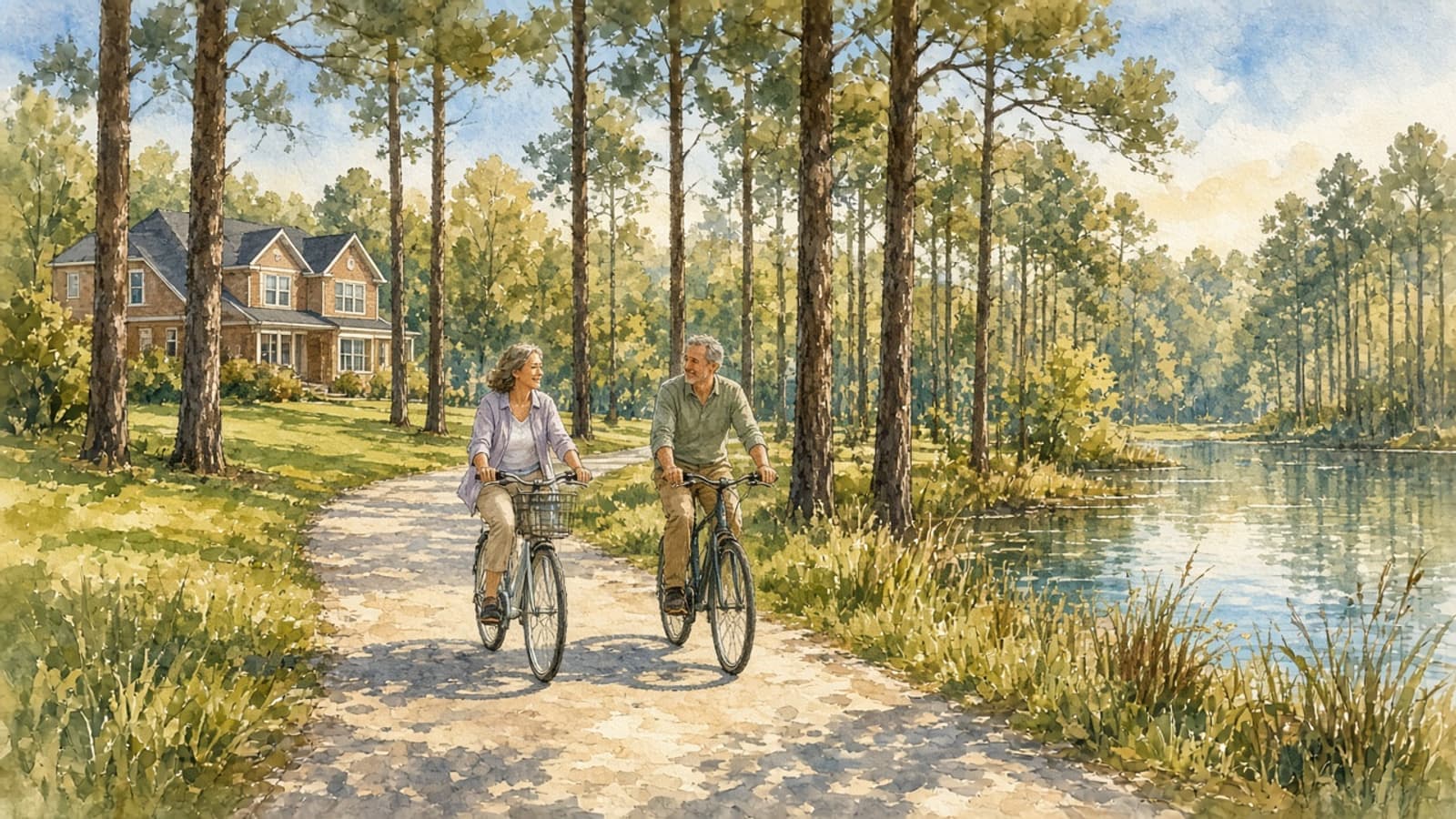 Watercolor illustration of a couple riding bicycles on a wooded trail beside a lake, with a suburban home among tall pines