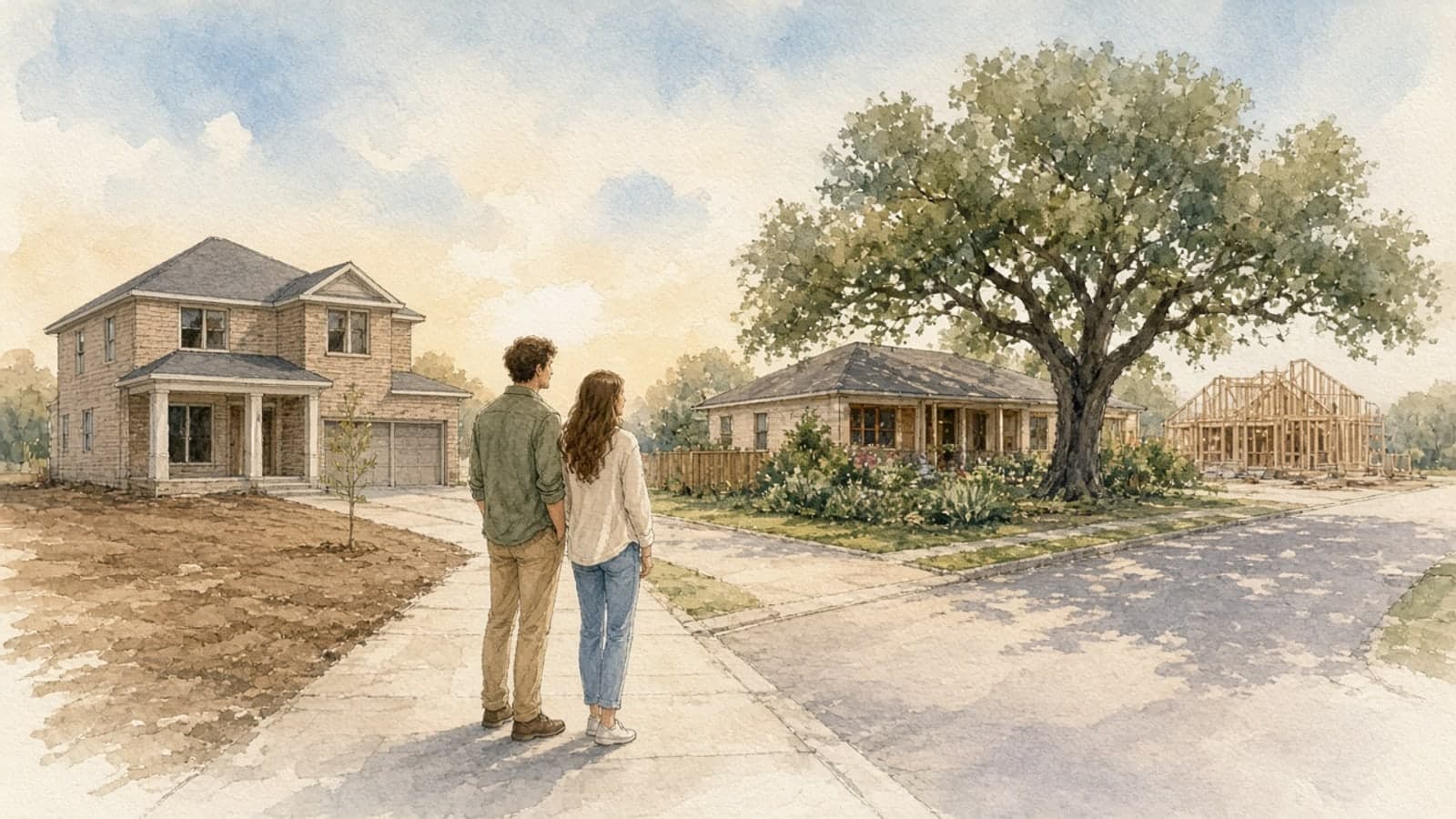 Watercolor illustration of a couple on a suburban Houston street comparing a newly built brick home with an older ranch house under a live oak, with a house being framed nearby