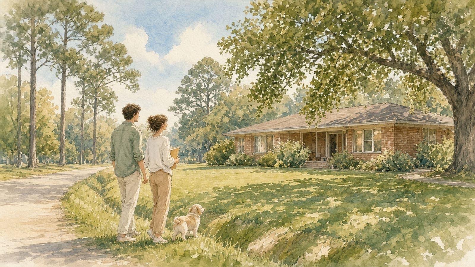Watercolor illustration of a couple and their dog looking at a ranch house on a large tree-shaded lot in a Houston neighborhood