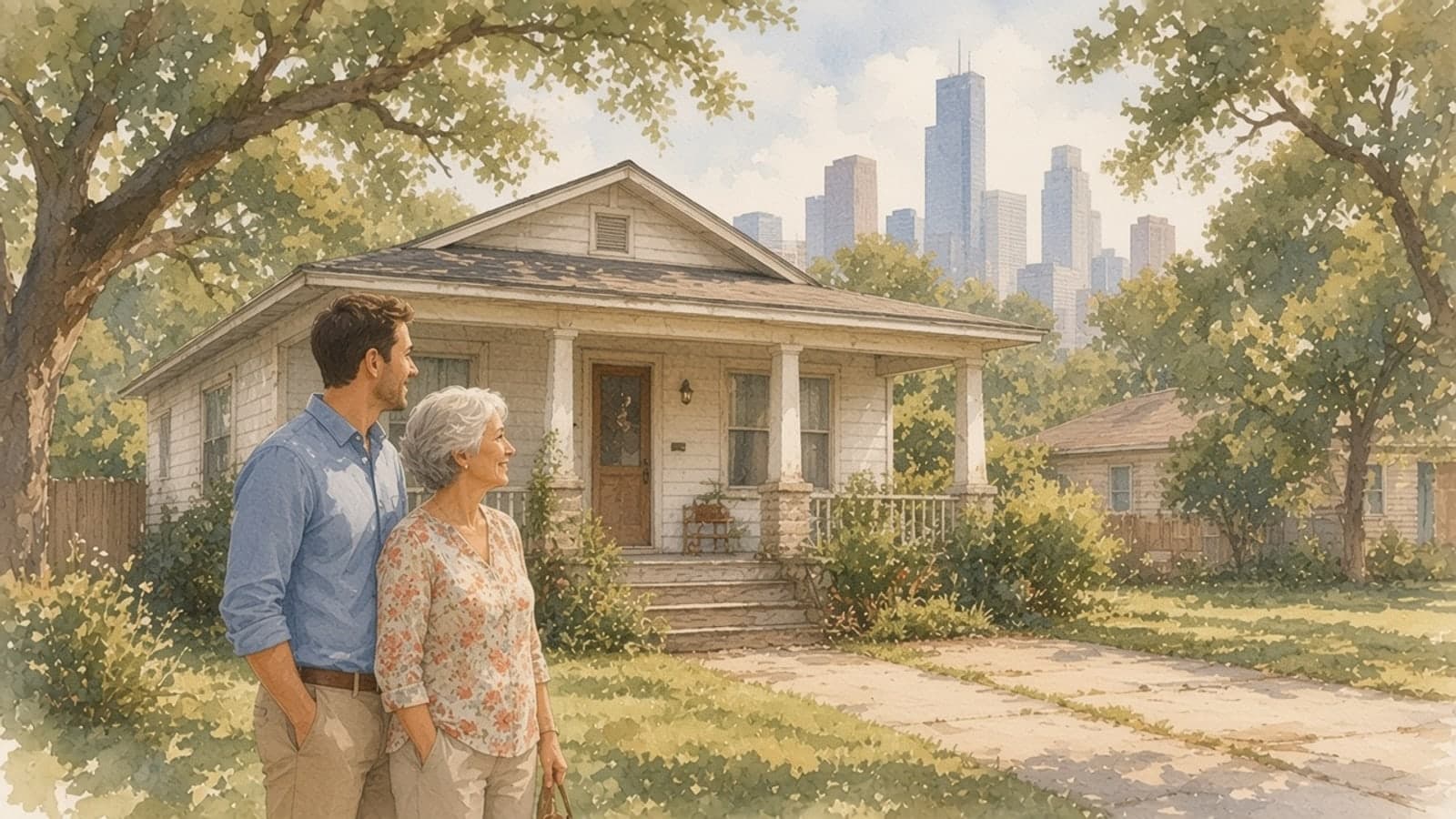 Watercolor illustration of a homeowner and a real estate agent looking at a weathered Houston bungalow under live oaks