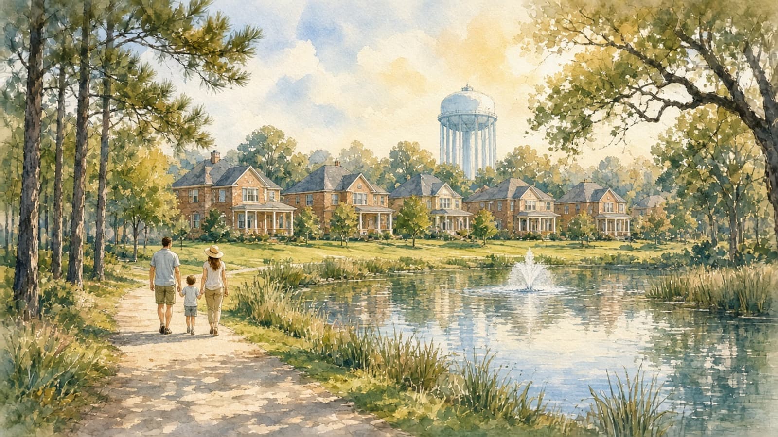 Watercolor illustration of a family walking beside a neighborhood detention lake with a fountain, brick homes, and a water tower in a suburban Houston community