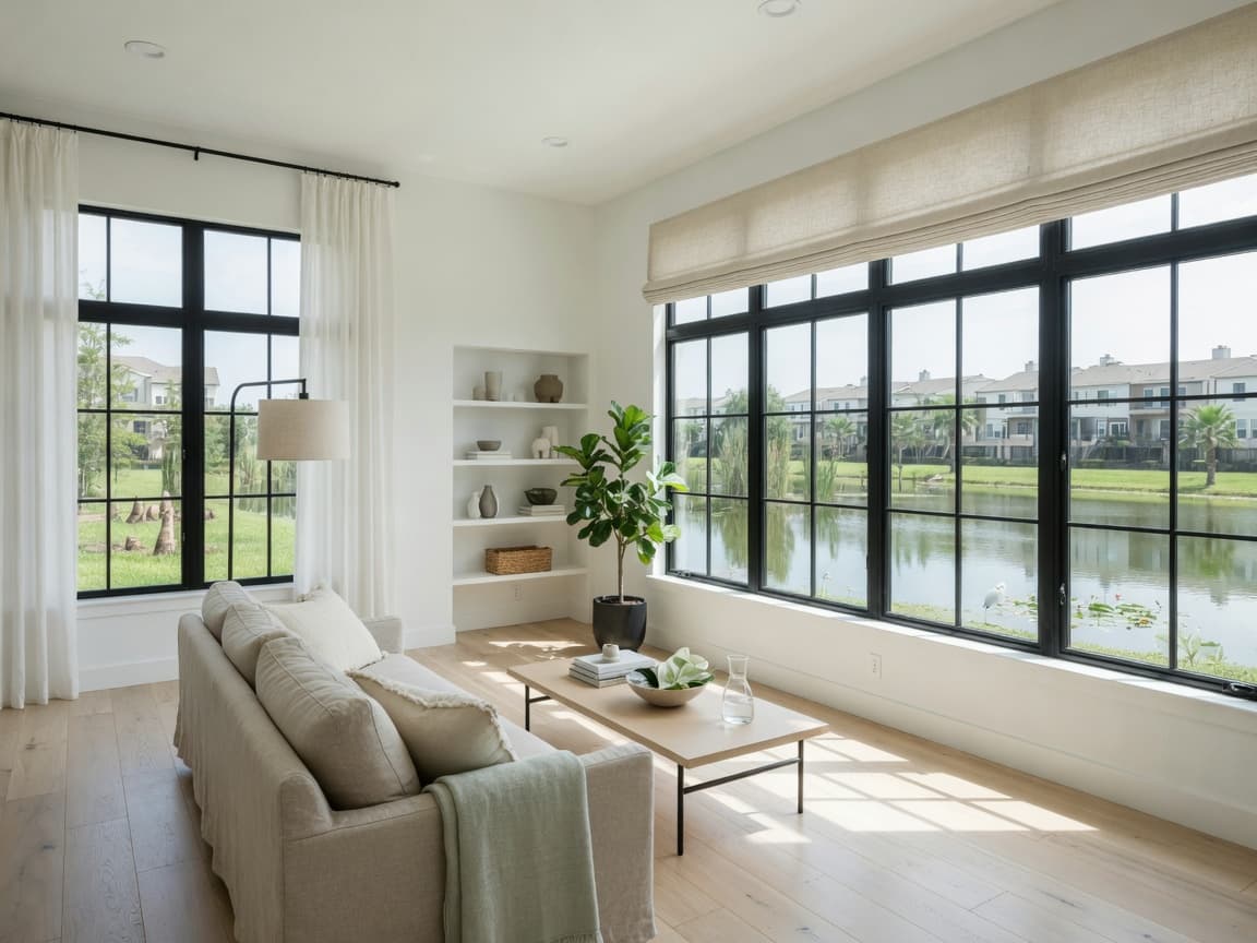 Bright living room with black-framed windows overlooking a neighborhood pond